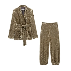 Women Velvet Blazer And Trousers Floral Print Belted Long Sleeve Vintage Elegant Outfit Olive Green