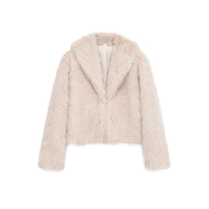 Detail of soft cream faux fur jacket featuring wide lapels and plush texture finish