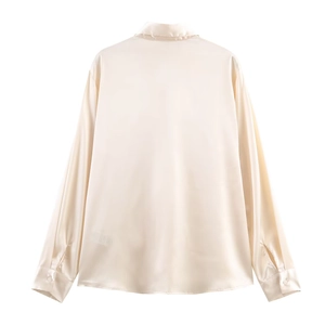 Elegant champagne satin long sleeve shirt for women featuring a classic collar back view