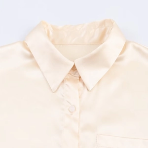 Women's champagne satin long sleeve shirt featuring a turn-down collar and chest pocket