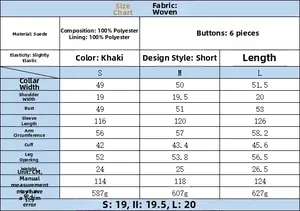 Detailed size guide for khaki suede jacket with measurements in centimeters and fabric info