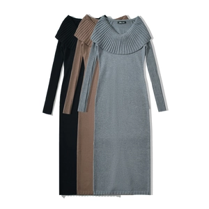 Folded long sleeve ribbed knit dresses in black, coffee, and grey with chic split collars