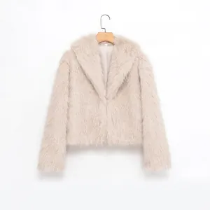 Women's Fashion Faux Fur Short Jacket Lapel Collar Plush Outerwear Long Sleeve Thick Warm Streetwear Coat Cream Off-White