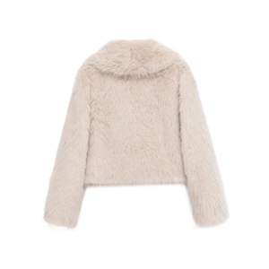 Short faux fur coat for women in cream beige with large lapel collar and fluffy texture