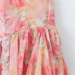 Pink floral chiffon dress with elegant lace trim and slim fit pleated waist design