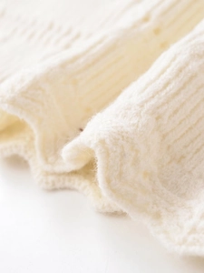 Macro view of cream knit sweater showing vertical ribbing and intricate hollow out patterns