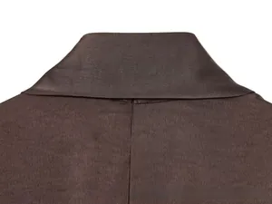 Detail of dark brown leather neckline showing fine stitching and smooth texture