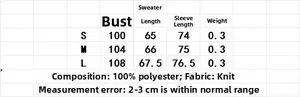 Detailed size chart for women knit sweater including bust length and sleeve measurements