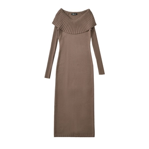 Elegant brown off-shoulder knitted dress with long sleeves and pleated collar detailing