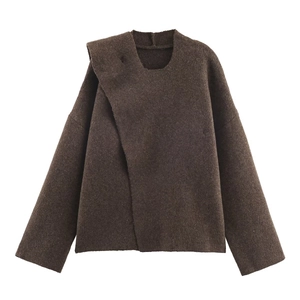 Pull en Tricot pour Femmes avec Col Écharpe Asymétrique Couleur Unie Manches Longues Ample Décontracté Streetwear Hiver Automne