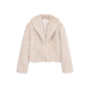 Chic short faux fur jacket for women with lapel collar in light beige plush texture