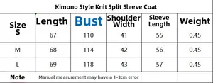 Detailed size guide table for long sleeve knit cardigan showing precise measurements