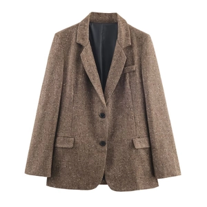 Blazer Vintage Marron Chevron en Tweed pour Femme Veste Col à Revers Simple Boutonnage Manches Longues Casual Style Britannique