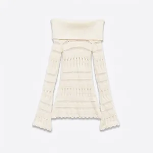 Elegant Women Off Shoulder Pointelle Knit Sweater Scalloped Edge Hollow Out Long Sleeve Slim Fit Pullover Knitwear Top