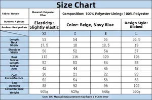 Detailed size chart for women's tweed jacket with measurements and material specs