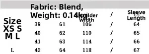 Size chart for women's sequined translucent long sleeve shirt in sizes XS to L
