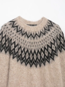 Dettaglio ravvicinato del motivo jacquard Fair Isle su un maglione in maglia di mohair