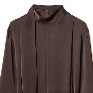 Deep brown satin blouse with elegant high collar and scarf drape design for women