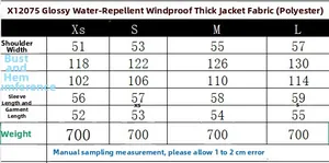 Detailed size chart for women glossy water-resistant windproof jacket style X12075