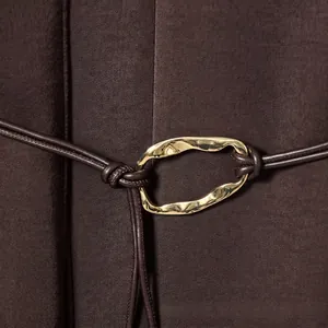 Deep brown satin dress with elegant gold metal buckle and thin waist cord detail