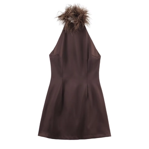 Elegant Women Coffee Brown Halter Neck Mini Dress Ostrich Feather Trim Satin Sleeveless Backless Bodycon Party Cocktail Dress
