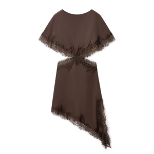 Damen Satin Spitze Kleid Ausschnitt Asymmetrischer Saum Ärmellos Kaffee Braun Elegant Party Midi Kleid