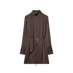 Elegant coffee brown satin dress with high neck, long sleeves and gold buckle belt