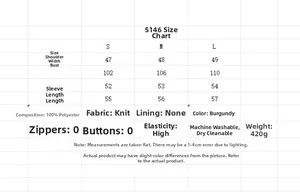 Size chart for off-shoulder knit sweater with measurements in cm and material details