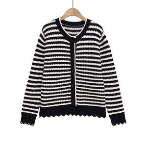 Cardigan in Maglia a Strisce da Donna Bordo a Festoncino Bottoni Girocollo Manica Lunga Casual Streetwear Maglione Largo Cappotto per Donna Moda