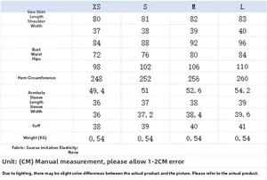 Detailed size chart for slim fit casual dress including XS to L measurements in cm