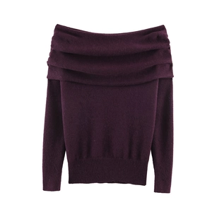Detailed knit texture and layered off-shoulder neckline of a dark purple winter sweater