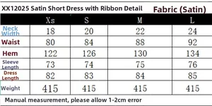 Size chart table for satin mini dress with scarf neck detailing in various measurements