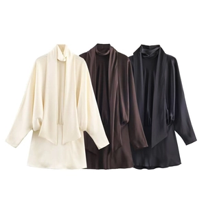 Women Sexy Scarf Collar Satin Mini Dress Elegant Long Sleeve Pleated Mock Neck A-Line Solid Color Socialite Party Dress