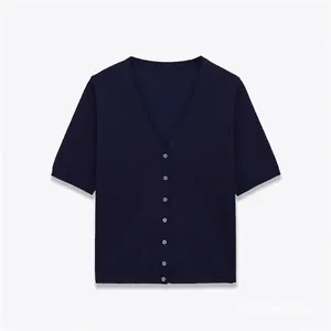 Women Casual V Neck Short Sleeve Knitted Cardigan Navy Blue Single Breasted Slim Fit Button Down Knit Sweater Top