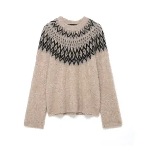 Maglione in Maglia Fair Isle da Donna Effetto Mohair Soffice Motivo Geometrico Girocollo Manica Lunga Pullover Vintage Casual