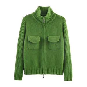 Detail view of avocado green knit cardigan with rib-knit sleeves and dual-zip closure