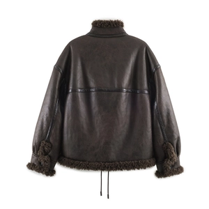 Back view of brown aviator jacket featuring faux shearling lining and leather trim details