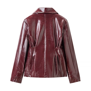 Back view of a deep red faux leather jacket featuring a glossy finish and pleat details