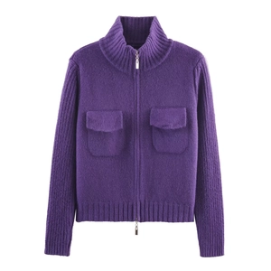 Detail of purple zip-up knit cardigan showing high collar and front pockets