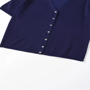 Short sleeve V-neck knit cardigan sweater in navy blue with elegant button details