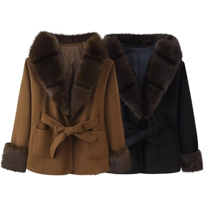 Women Winter Woolen Coat With Faux Fur Collar And Cuffs Belted Slim Fit Warm Elegant Lapel Long Sleeve Outwear Jacket