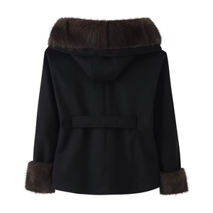 Detail view of the black wool coat back featuring a brown faux fur collar and waist strap