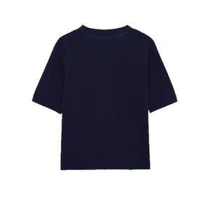 Classic navy blue V-neck short sleeve knit sweater with button-front design for women