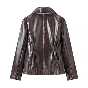 Back view of a dark brown glossy patent leather jacket featuring decorative pleated waist detail