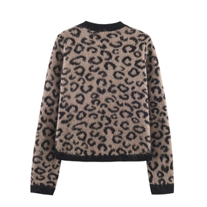 Detailed back view of leopard print knit cardigan with soft fuzzy texture and ribbed cuffs