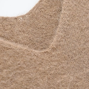 Brown V-neck wool knit sweater with soft mohair texture for women in 2025 fashion style