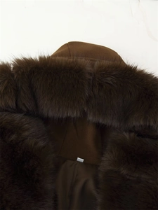 Detail of a deep brown coat featuring a plush faux fur collar and smooth satin lining