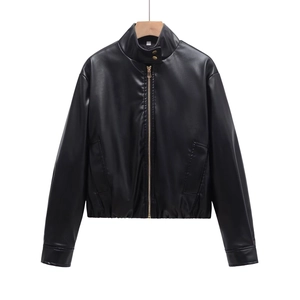 Veste en Similicuir Décontractée pour Femmes Col Montant Fermeture Éclair Dorée Blouson Moto Biker Court Automne Hiver Streetwear