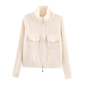 Minimalist beige knitted zip-up jacket with dual pockets and elegant high stand collar