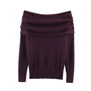 Deep purple off-the-shoulder knitted sweater with elegant fold-over collar and ribbed cuffs